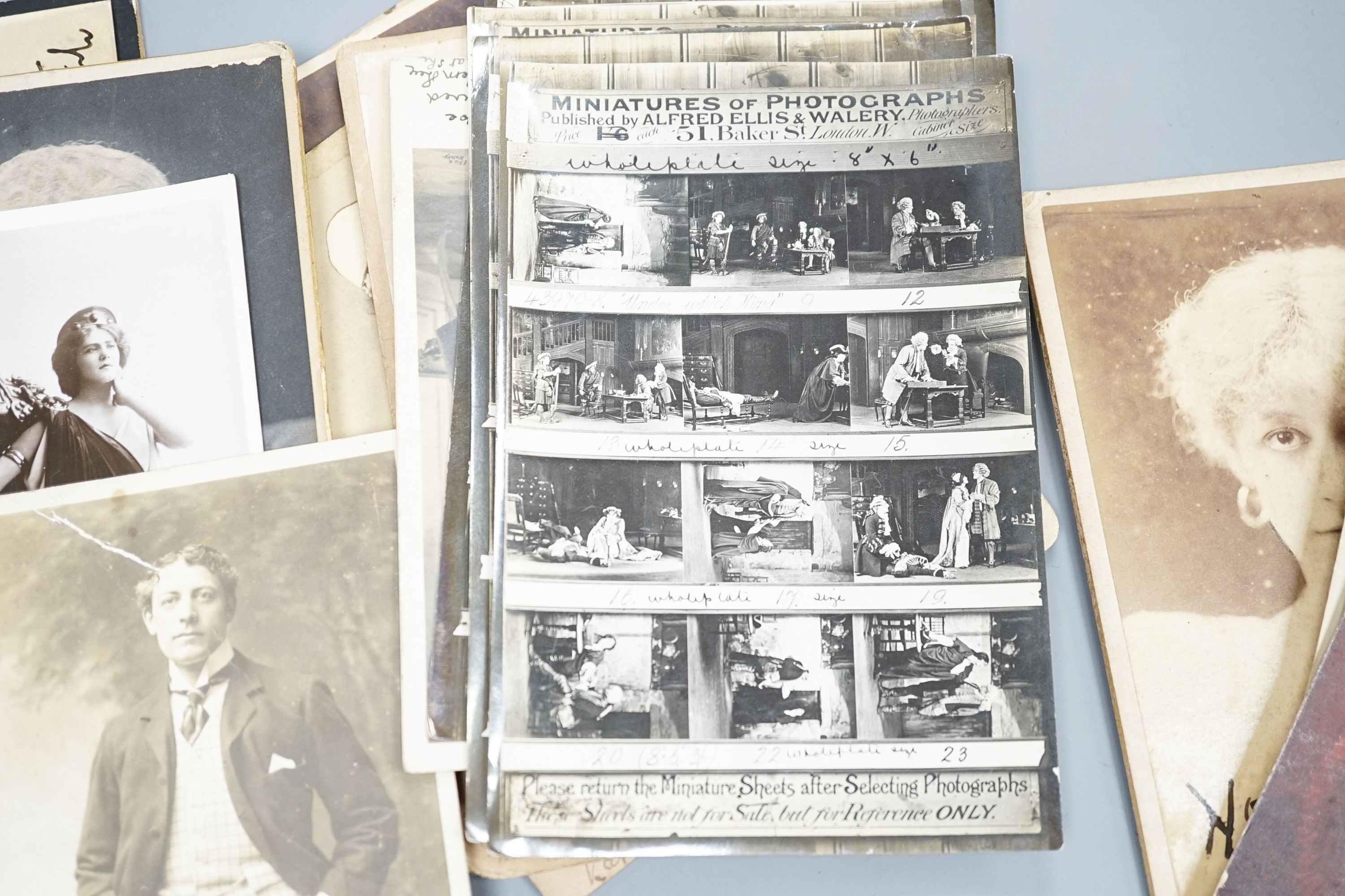 A collection of Victorian and later monochrome theatrical portrait photographs including signed examples of Irene and Violet Vanbrugh and Sir Francis Robert Benson.